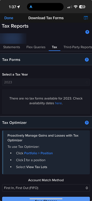 The download tax forms page on the iPhone. 